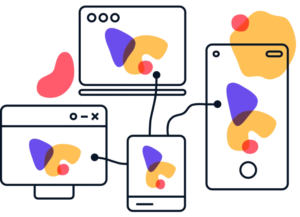 Different technologies (ios, andriod, desktop, mobile, etc.) all connected together.